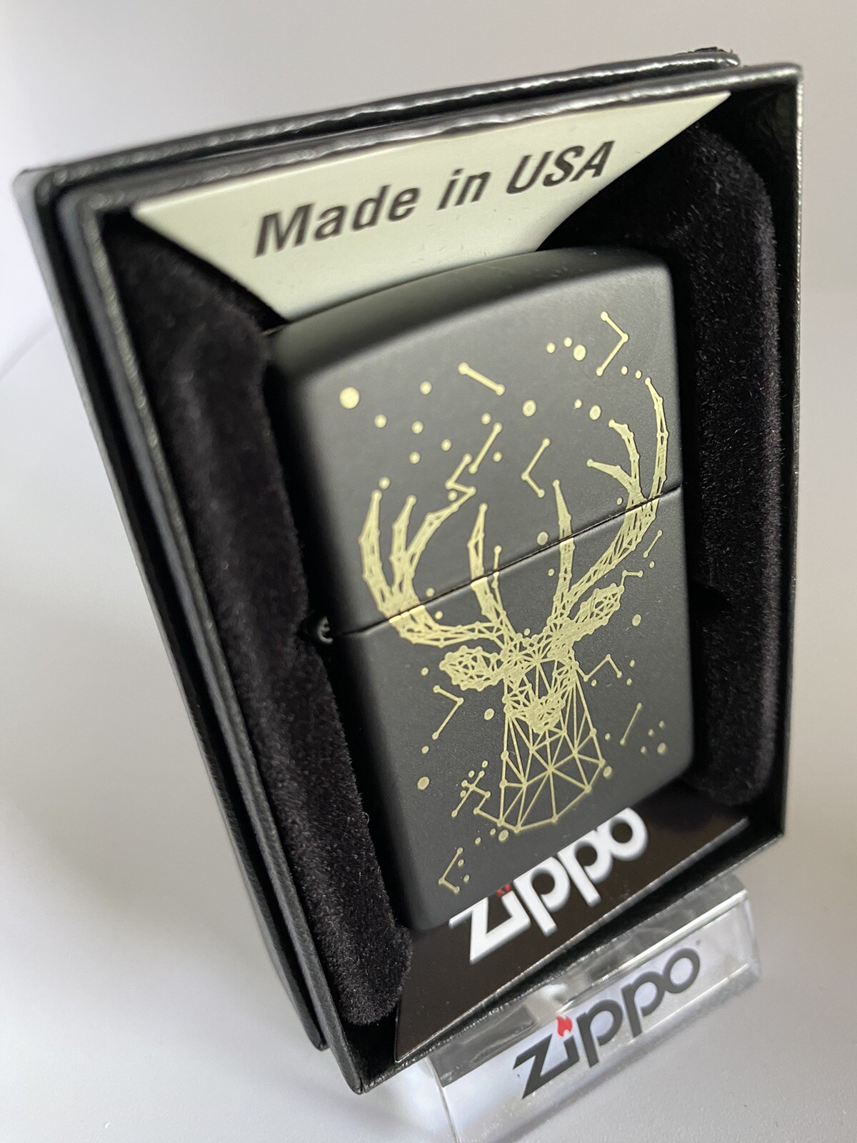 Zippo Etched Deer Constellation Design On A 2022 Black Matte Lighter