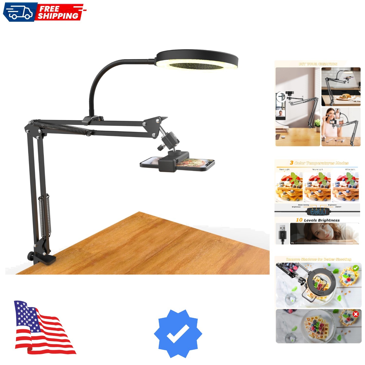 Overhead Camera Mount with Ring Light, Flexible Articulating Phone Arm Stand ...