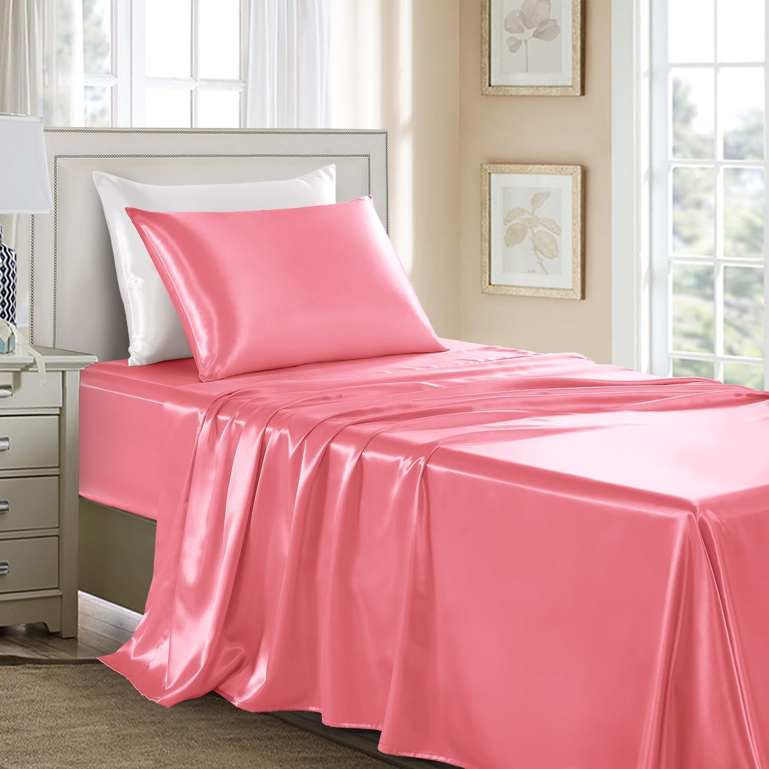 Pink Satin Sheets Twin XL Size - 3 Pieces Silky Soft Bed Sheets