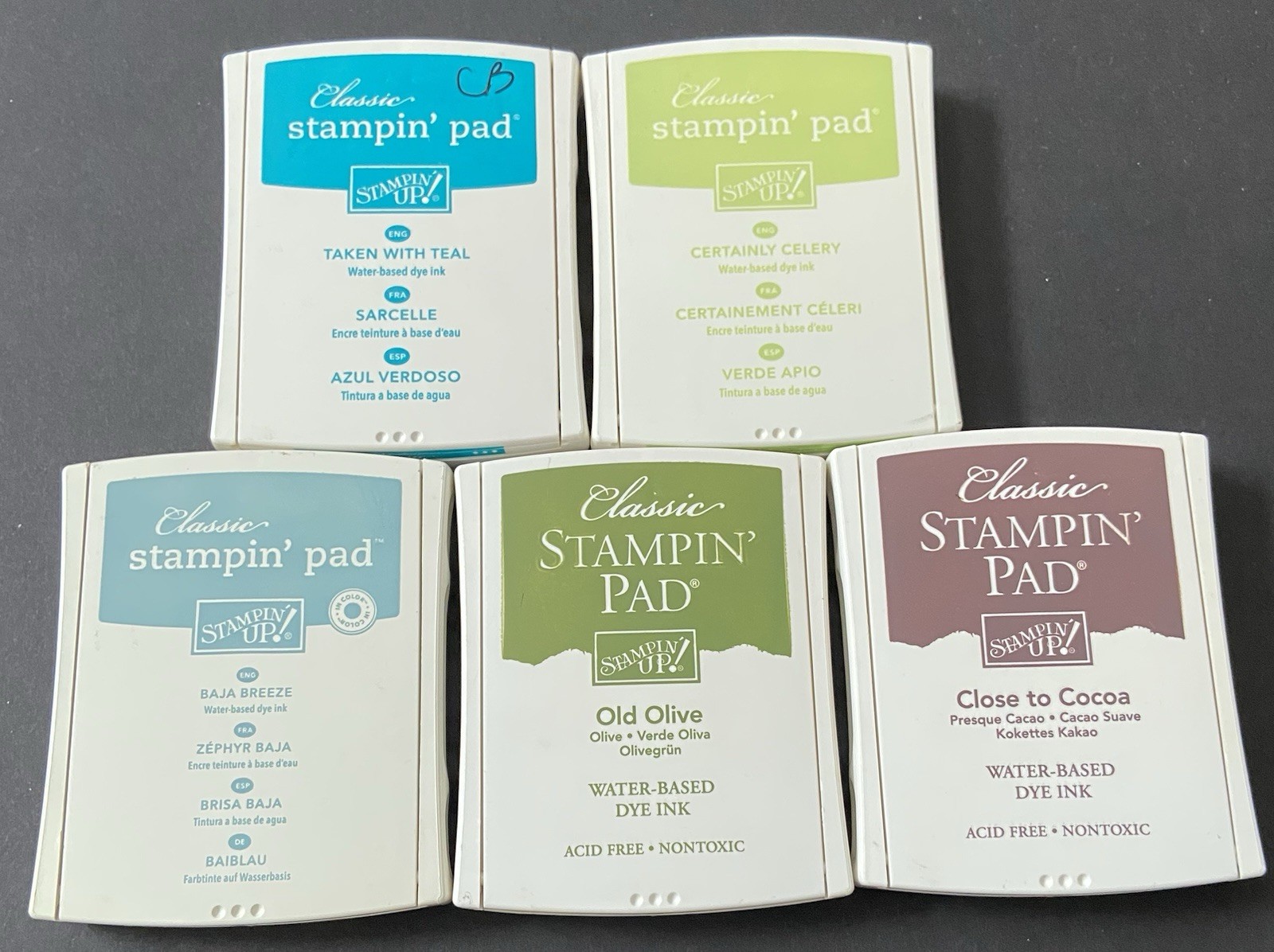 5 Stampin’ Up Stampin’ Pads - Teal/Celery/Baja Breeze/Old Olive/Close To Cocoa