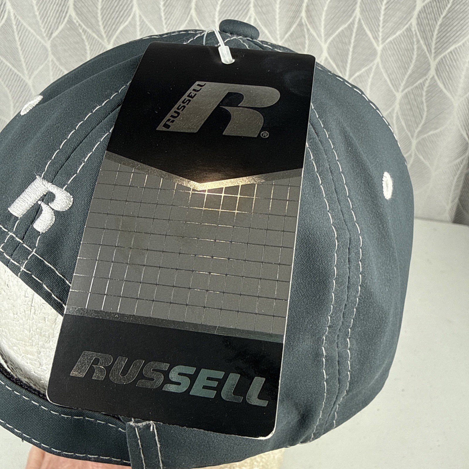 Russell R White Shiny on Gray Blue Hat Cap S/M Hook Loop NWT