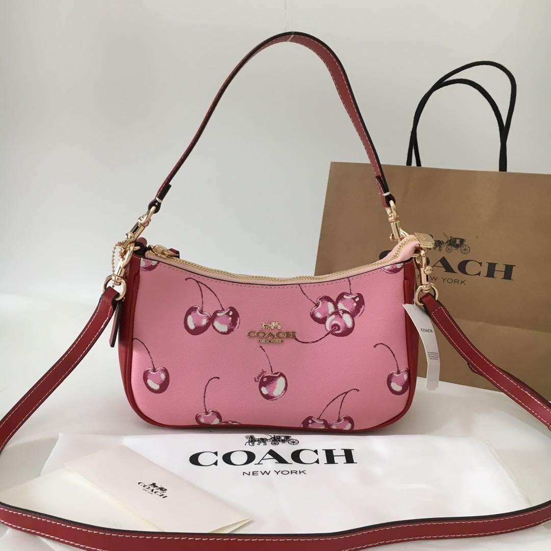 Coach CR290 Teri Shoulder Pink Cherry Print Coated Canvas Leather Outlet
