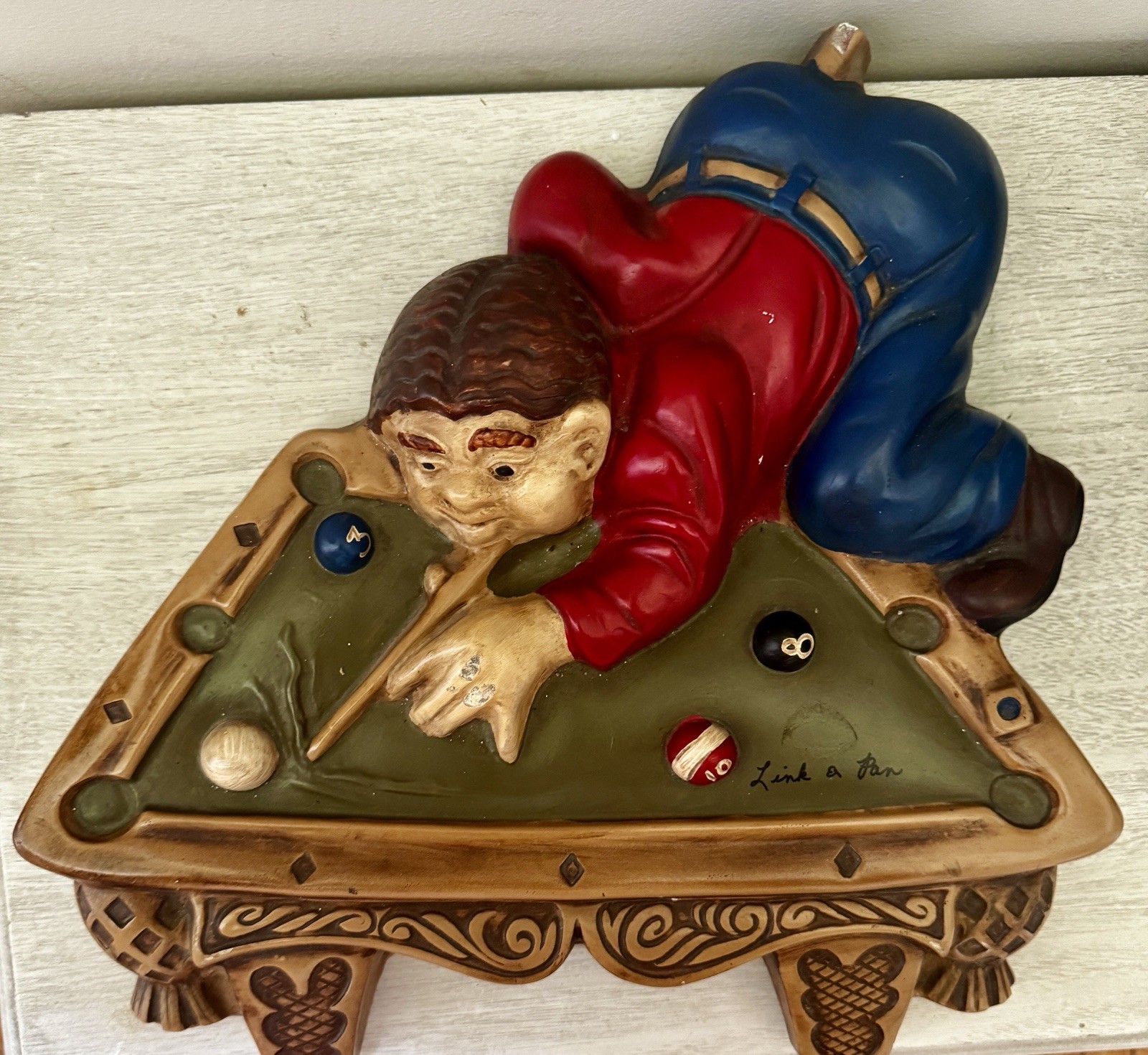 Vintage Link a Pan Chalkware Billiard Pool 8 Ball Player Wall Plaque  14" Signed