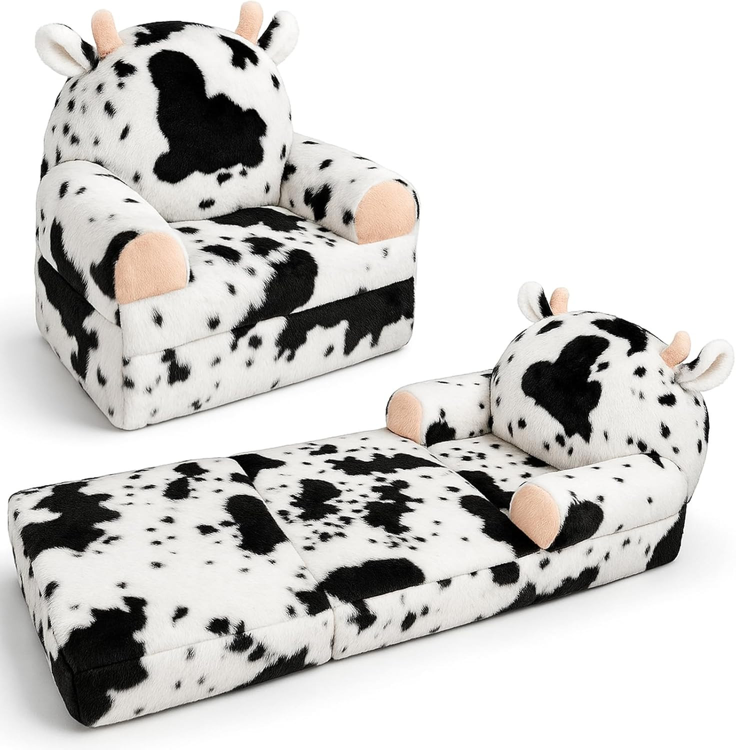Toddler Chair with Faux Rabbit Fur – 2-In-1 Foldable Kids Couch, Soft Sofa for R