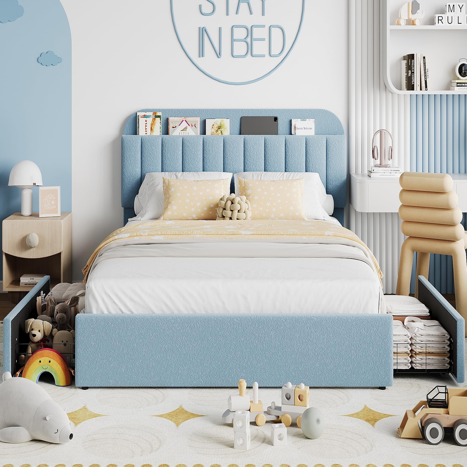 Full Bed Frame Headboard Kids Boucle Upholstered Platform Bed Frame w/ 2 Drawers