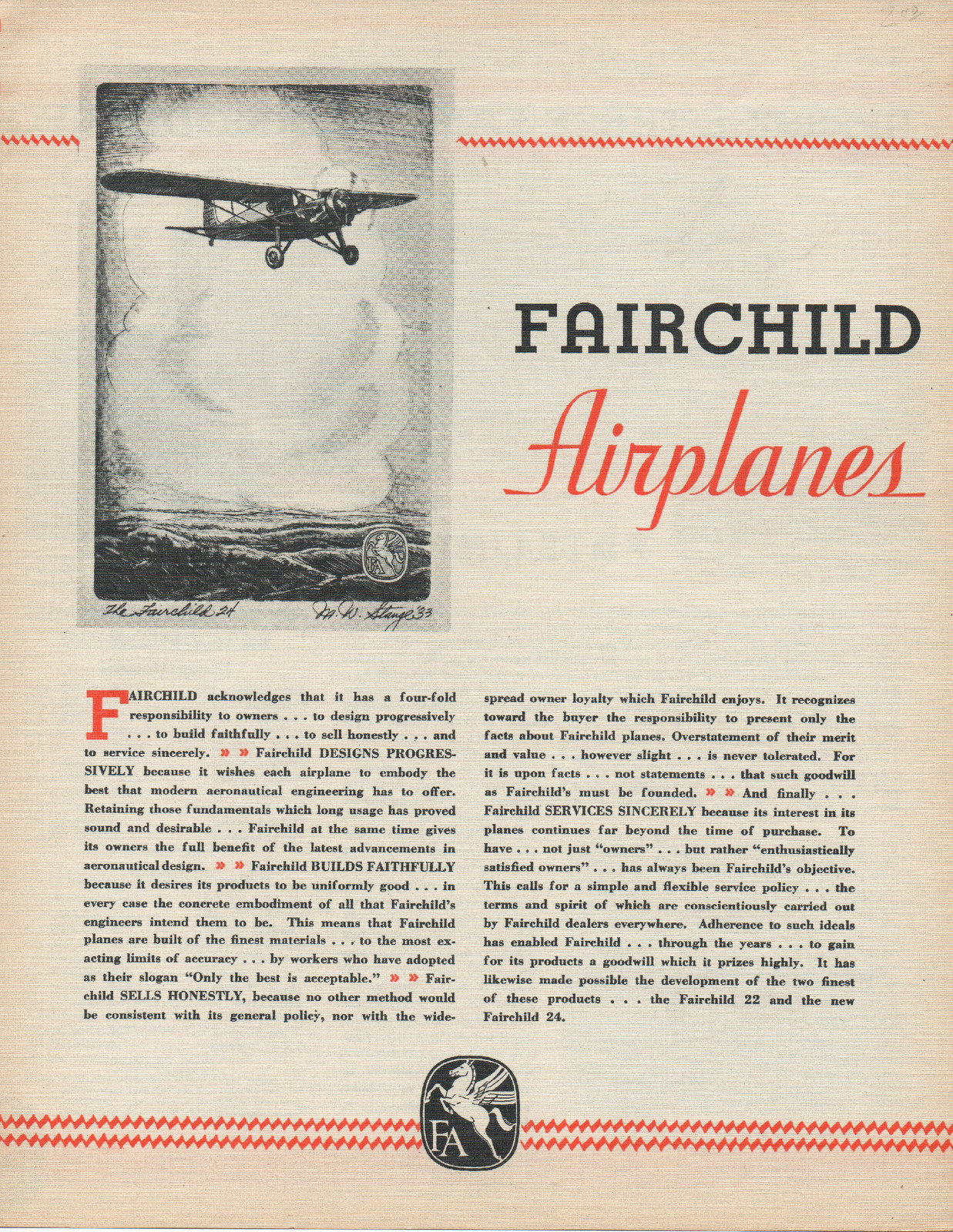 1930s Advertising Brochure for Fairchild Airplanes w/ Photos Woodside NY