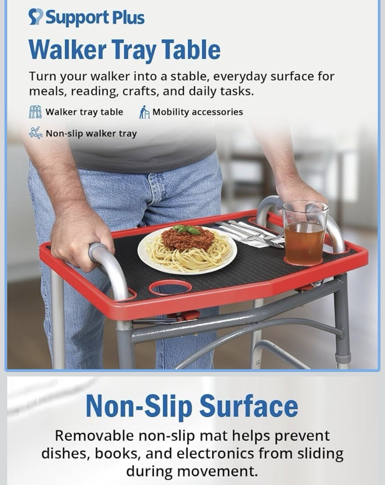 Walker Tray Table Non-Slip Mat Mobility Accessories Cup Holder (21"x16") - Gray