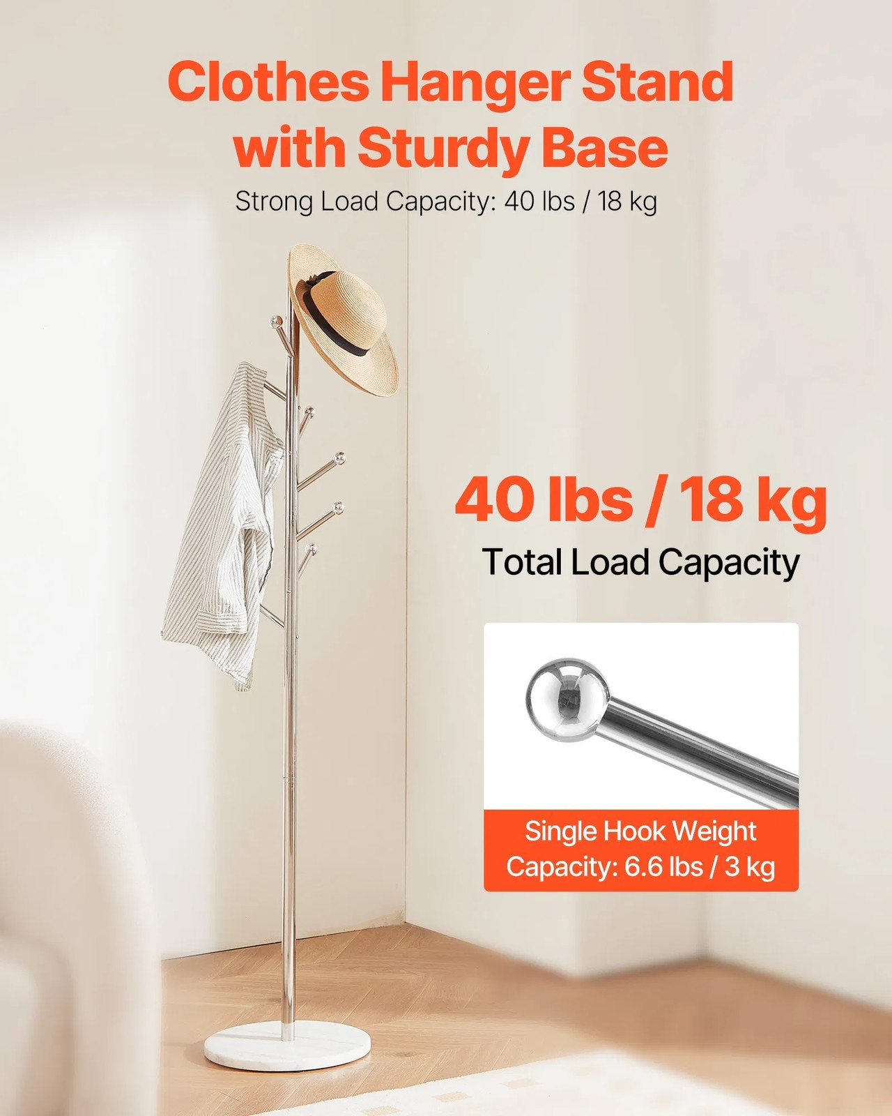 Coat Rack, Freestanding Coats Rack Stand with Stable Marble Base & 8 Hooks, Free