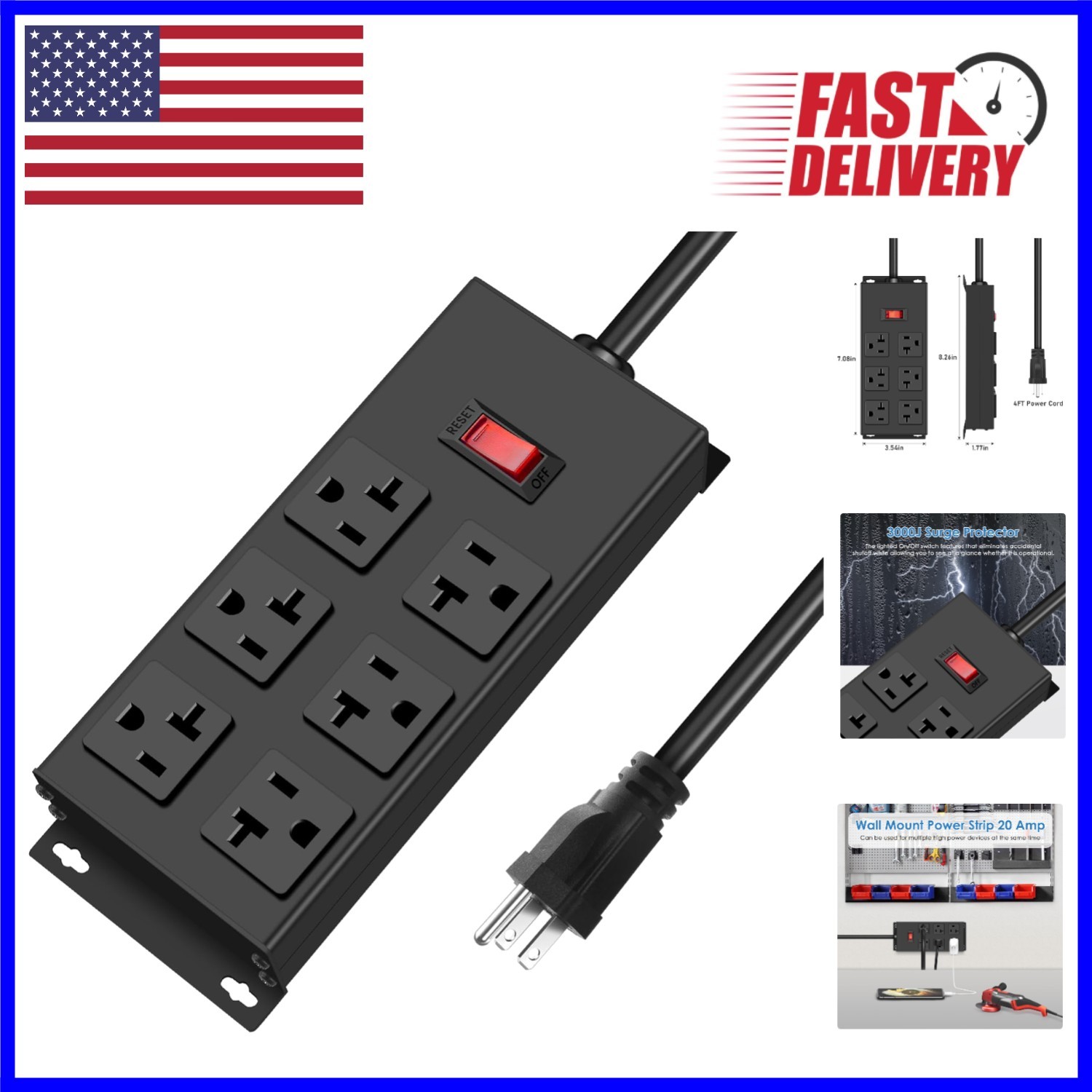 4FT 20 Amp Surge-Protected Power Strip with 6 Outlets - Heavy Duty Design