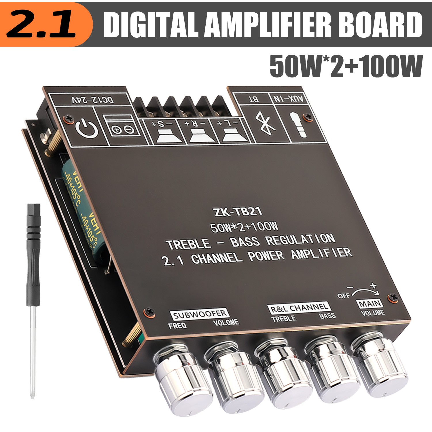 ZK-TB21 50W+50W+100W 2.1CH Bluetooth 5.0 Subwoofer Amplifier Board – Black