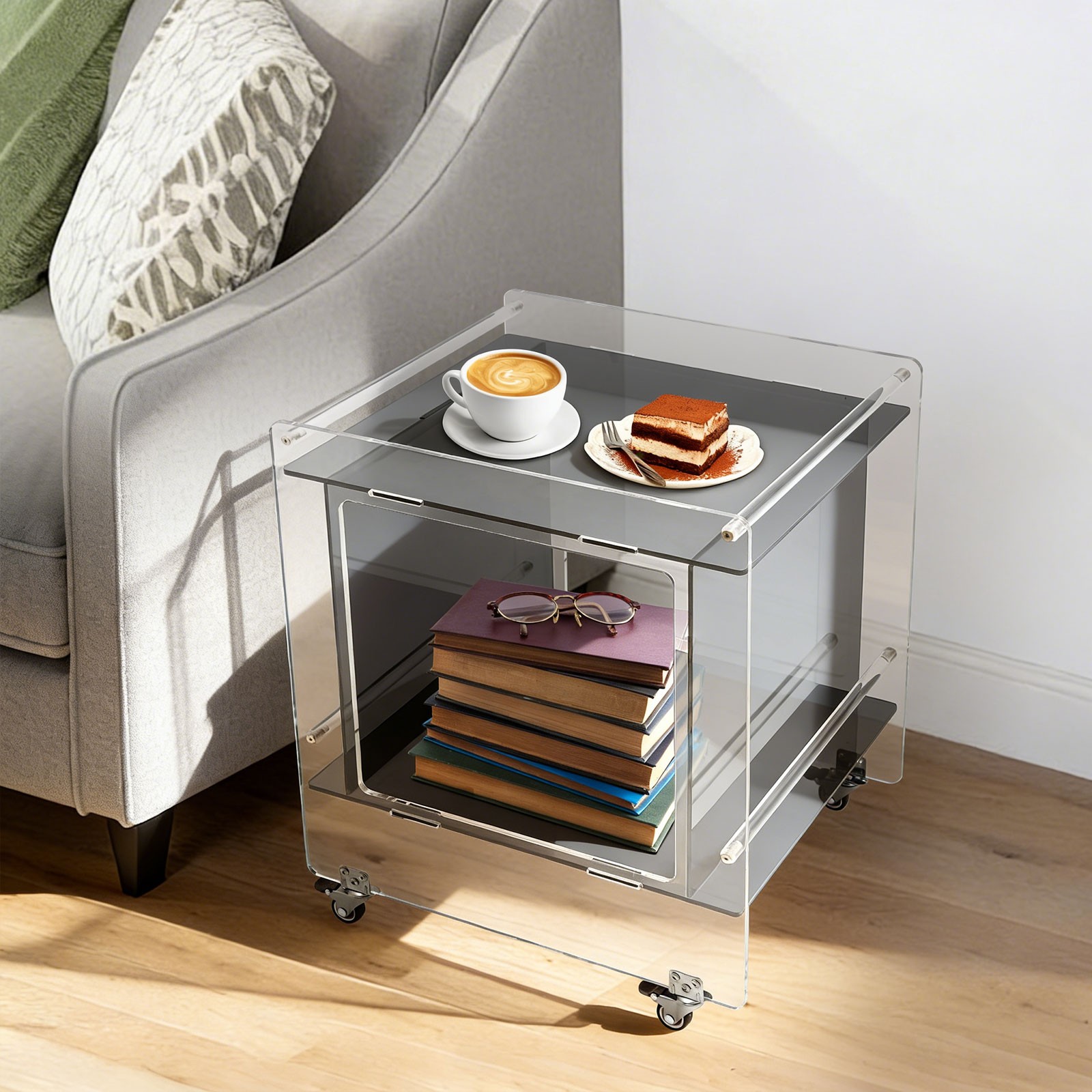 46x40x55cm Side Table Acrylic Mobile Table Multifunctional End Table with Wheels