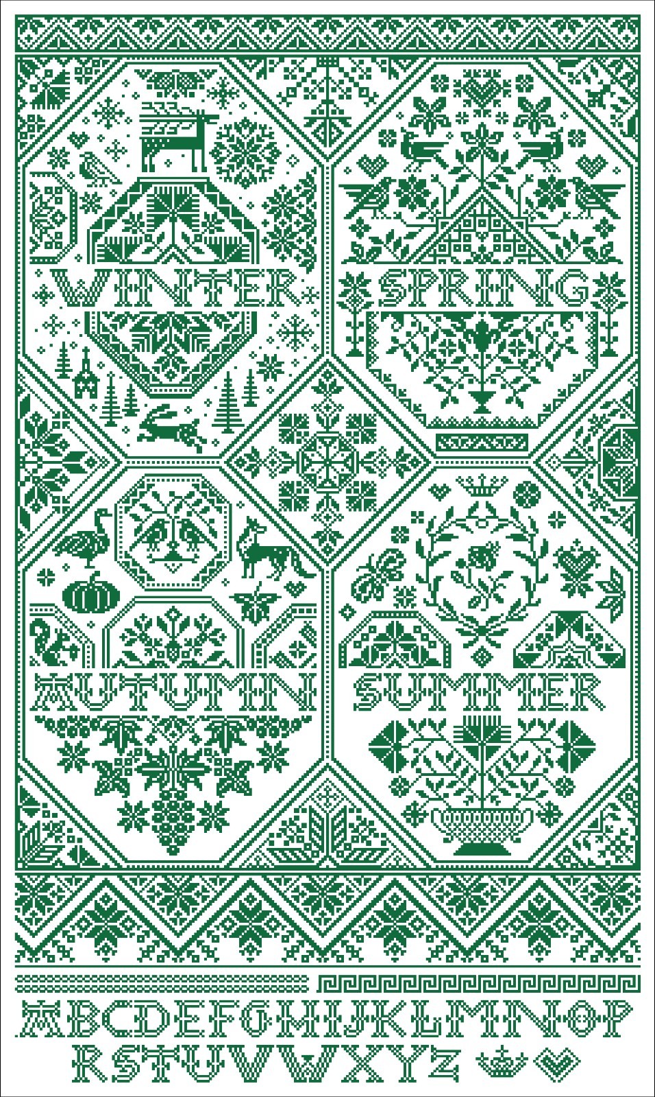 Four Seasons A Primitive Quaker Year Cross Stitch Pattern Large Monochrome DIY