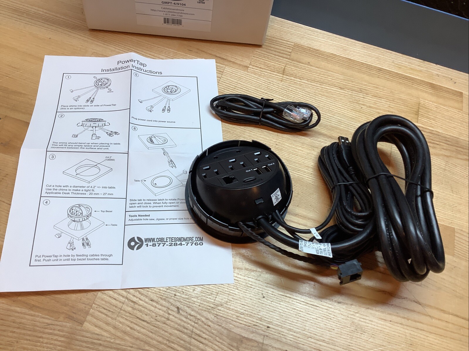 Power Tap Grommet with Hidden Power Center w/ 3 Power & 1/Cat5E + 2 USB Jacks
