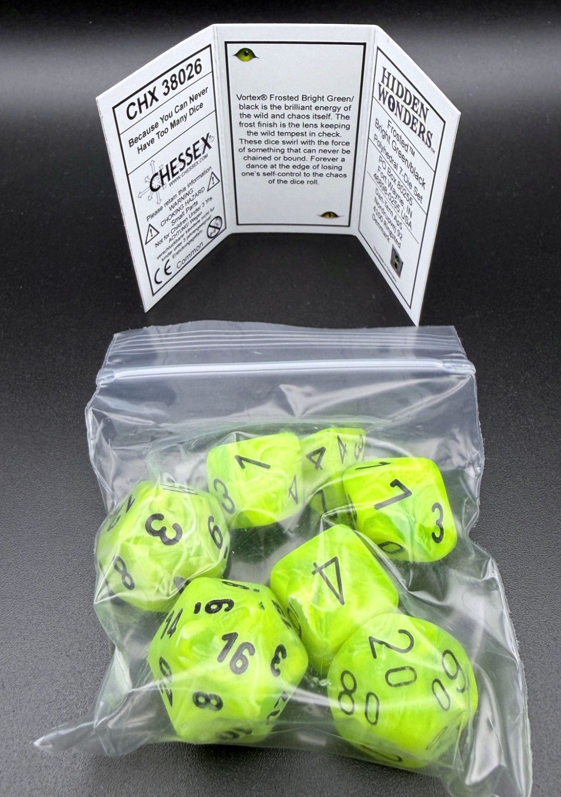 Chessex 38026 Hidden Wonders Frosted Bright Green / black Polyhedral 7 Dice Set