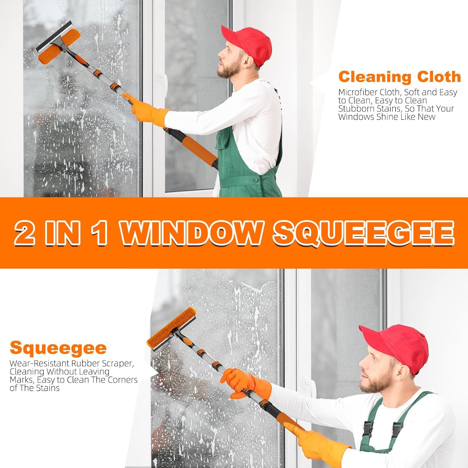 30FT Reach 2-in-1 Window Squeegee, Professional Window Washing Kit with 5-24FT E