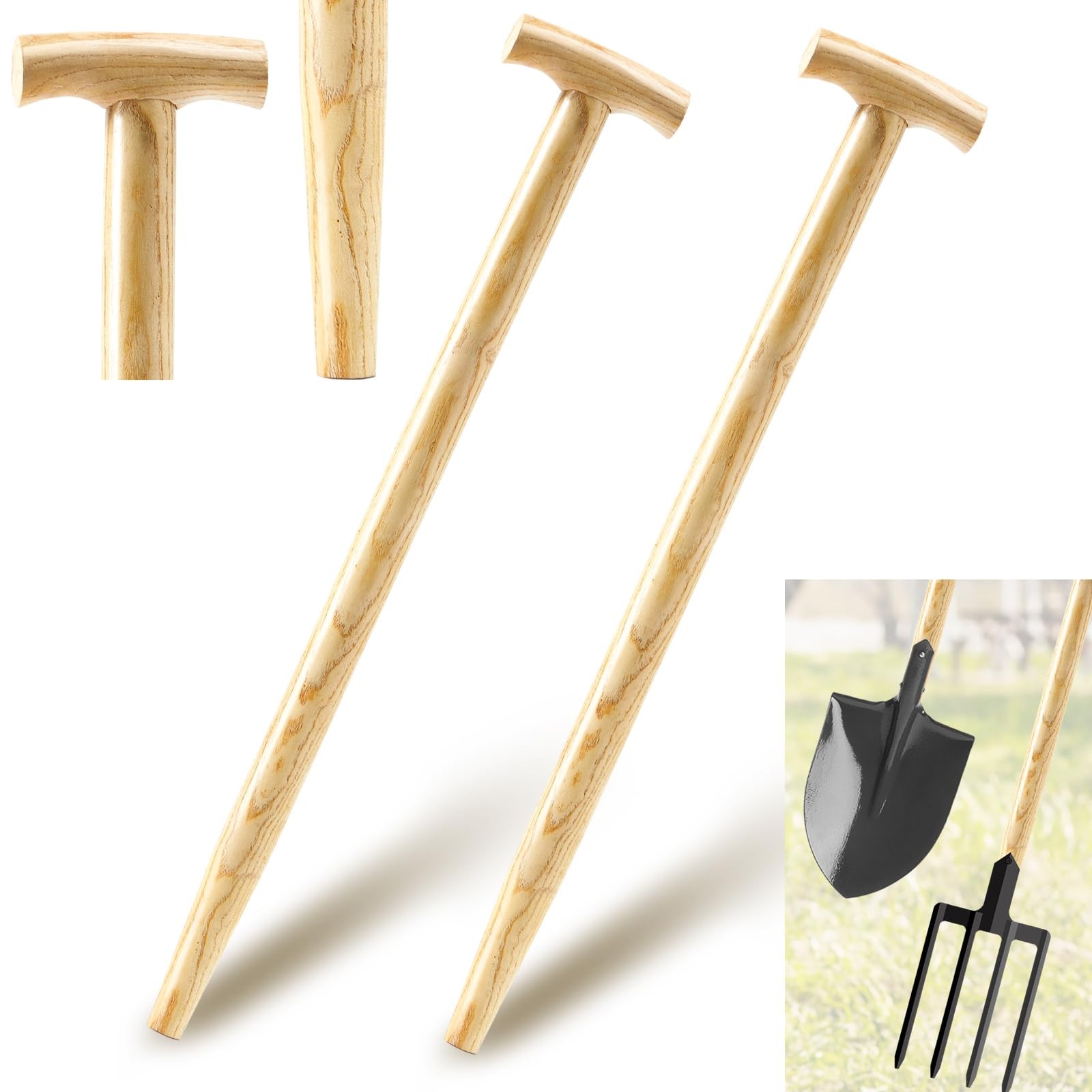 2 Pcs Shovel Handle Replacement T Handle Straight Taper Wooden for Spades, Forks