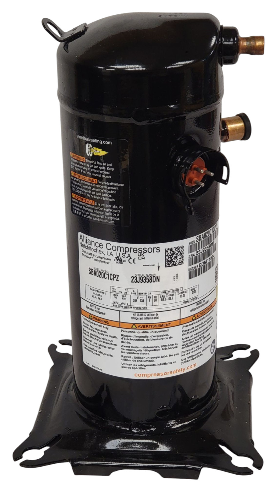 NEW Alliance SBA020C1CPZ Copeland ZP20K6E-PFV-833 PH 1 208-230V 60Hz Compressor