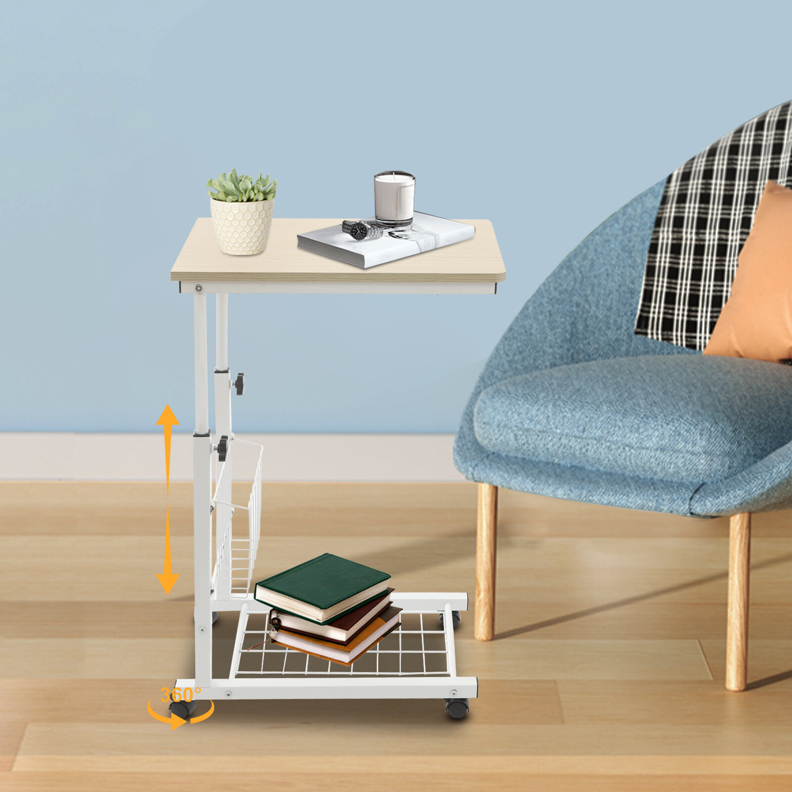2 Tiers Adjustable Bed Side Table Thickened Mobile Standalone Table w/ Wheels