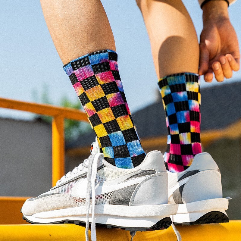 2 Pairs Unisex Plaid Tie-Dye Crew Socks Mid-Calf Cotton Terry Street Style