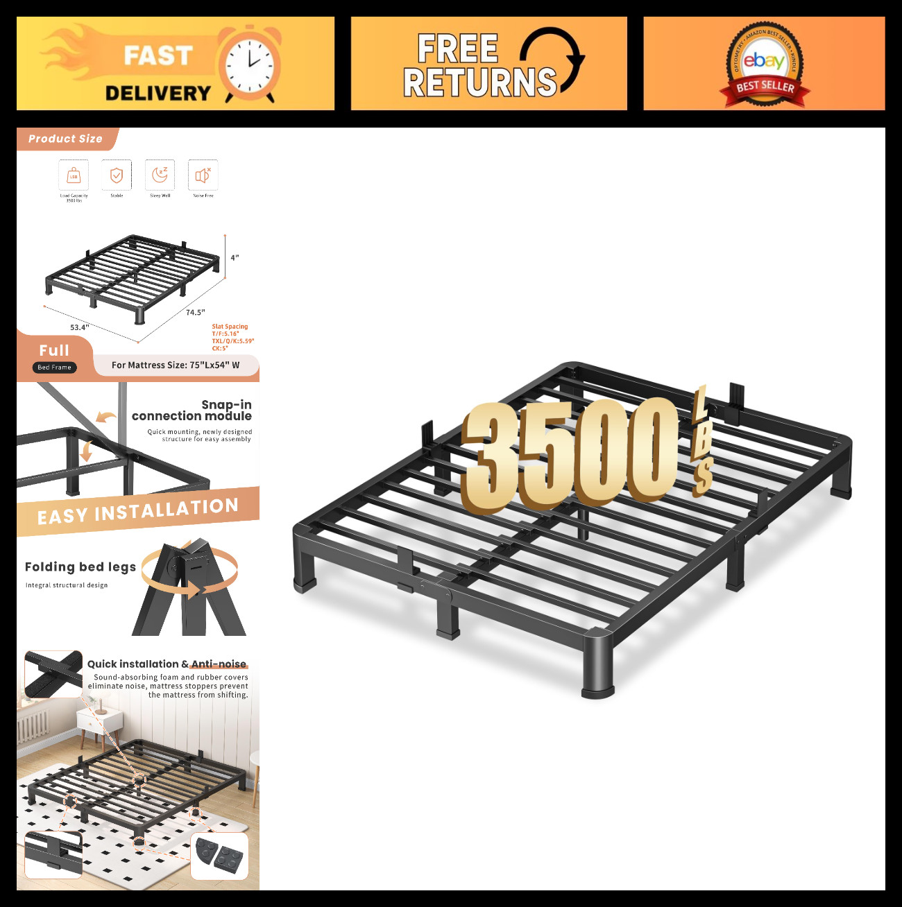 Heavy Duty 3500 lbs Bed Frame, 4 Inch Metal Platform, Quick Assembly, Anti-Squea