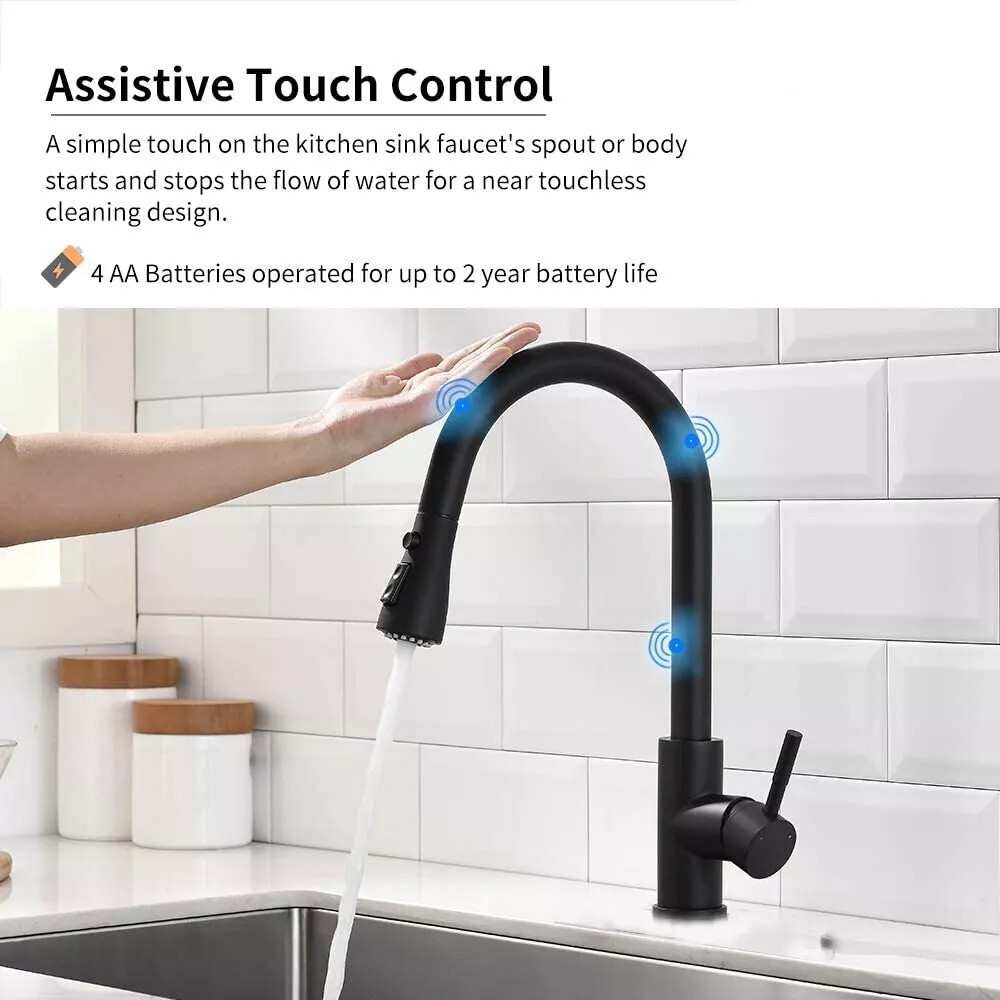 Matte Black Touch Sensor Kitchen Faucet Pull Down Sprayer Single Hole Mixer Tap