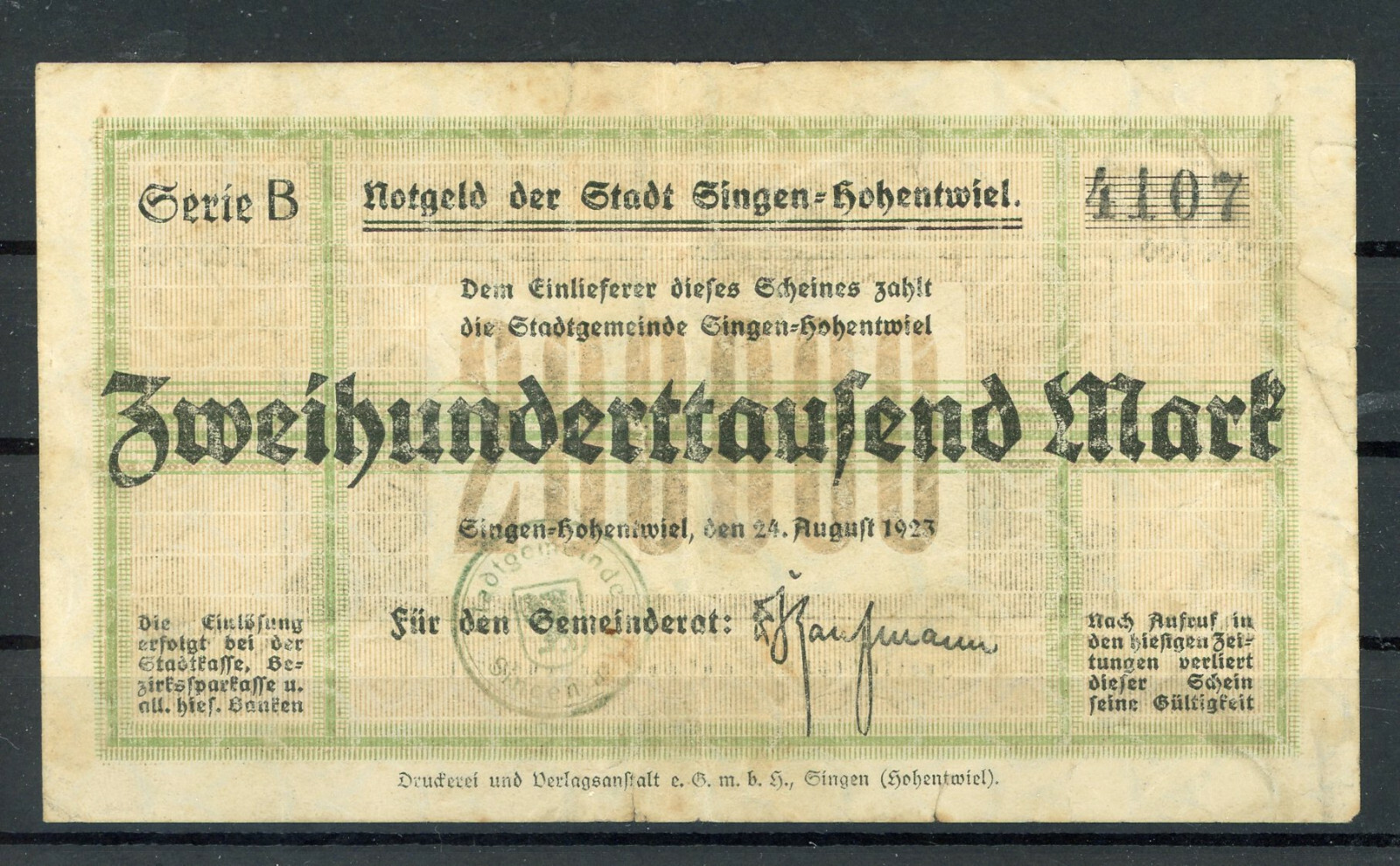 Singen - Hohentwiel 200.000 Mark Emergency Money 2/19421