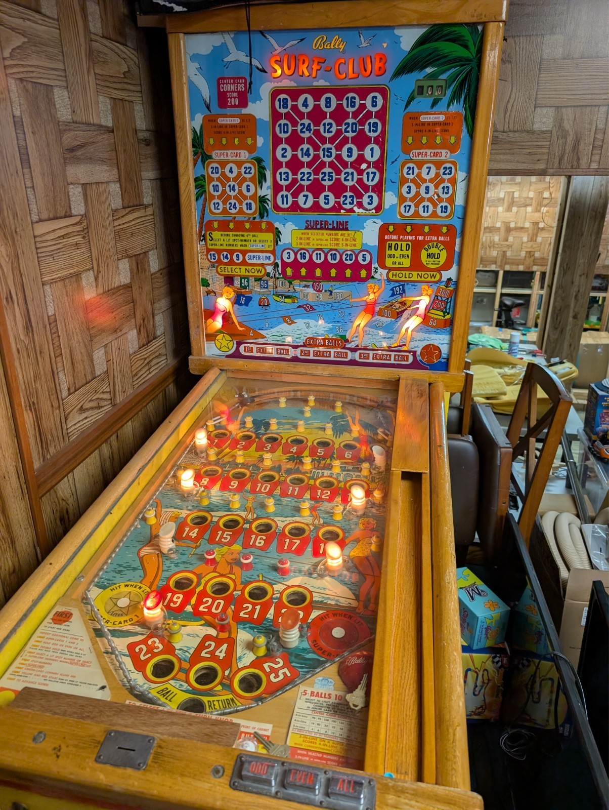 Bally Surf Club Pinball Machine 1954 Vintage Bingo Arcade Lights On