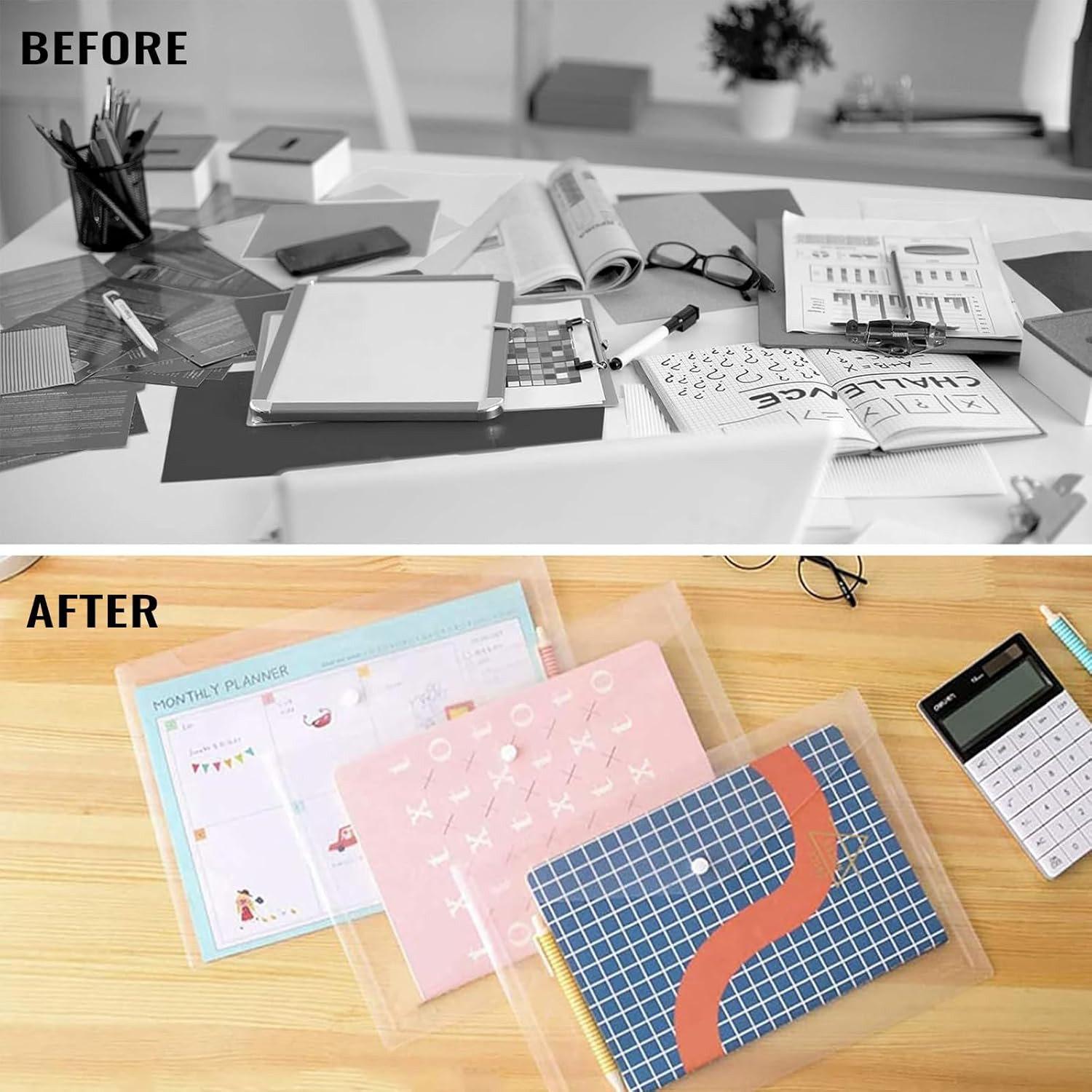 50Pcs Plastic Envelopes with Button Snap Closure, Clear Poly Folders for