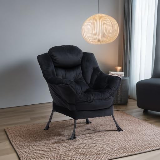 Lazy Chair with Armrest and Side Pocket, Comfy Accent Lounge Velvet Black