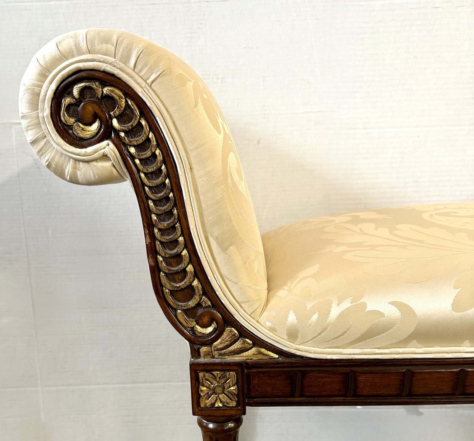 Magnificent Neoclassical Carved Mahogany and Gilt Scroll Arm Window Bench Seat