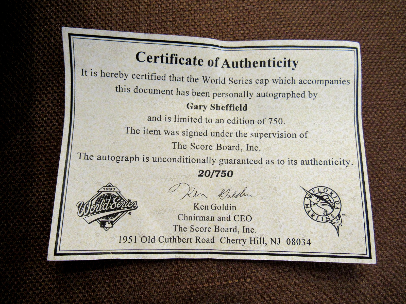 GARY SHEFFIELD 1997 WSC FLORIDA MARLINS SIGNED AUTO 1997 W.S. L/E CAP HAT GOLDIN