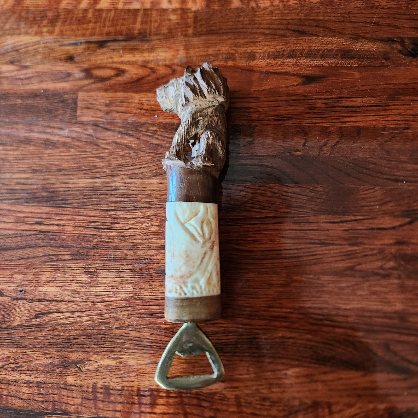 Vintage Lion Carved Antler Bone Bottle Opener