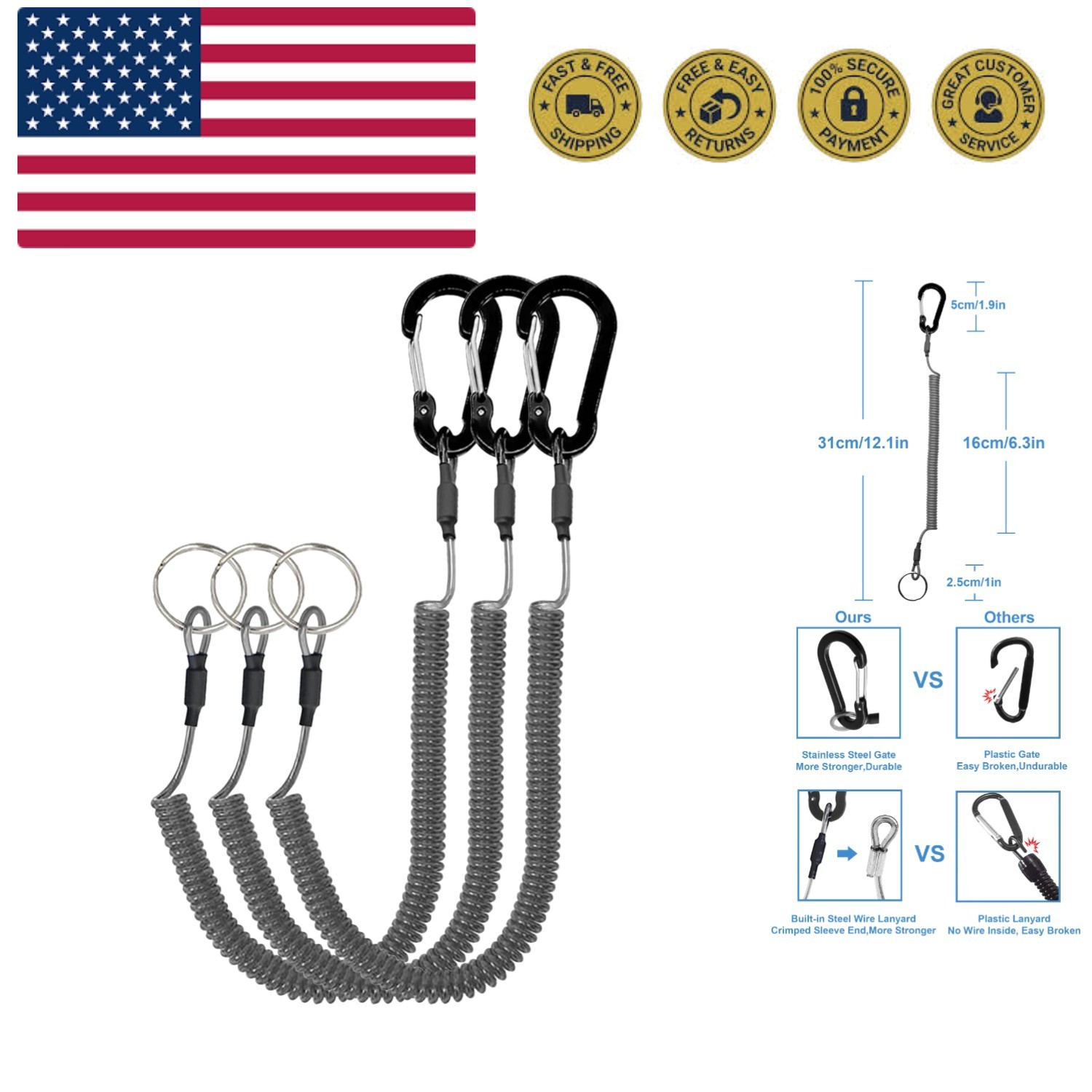 Retractable Safety Coiled Lanyard with Aluminium Alloy Carabiner Clip, Black/...