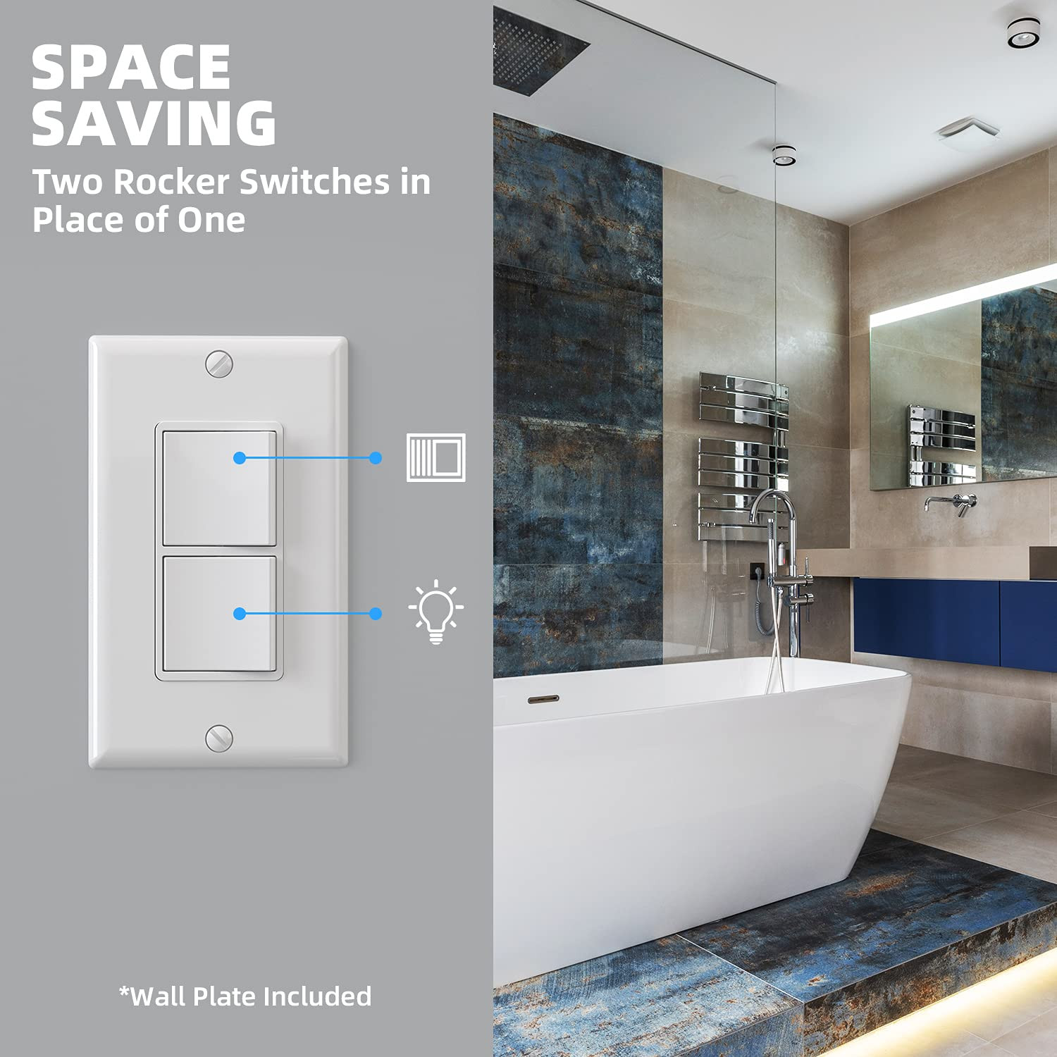 Decorator Double Rocker Light Switch, Two Single Pole Electrical Paddle, 15A 120