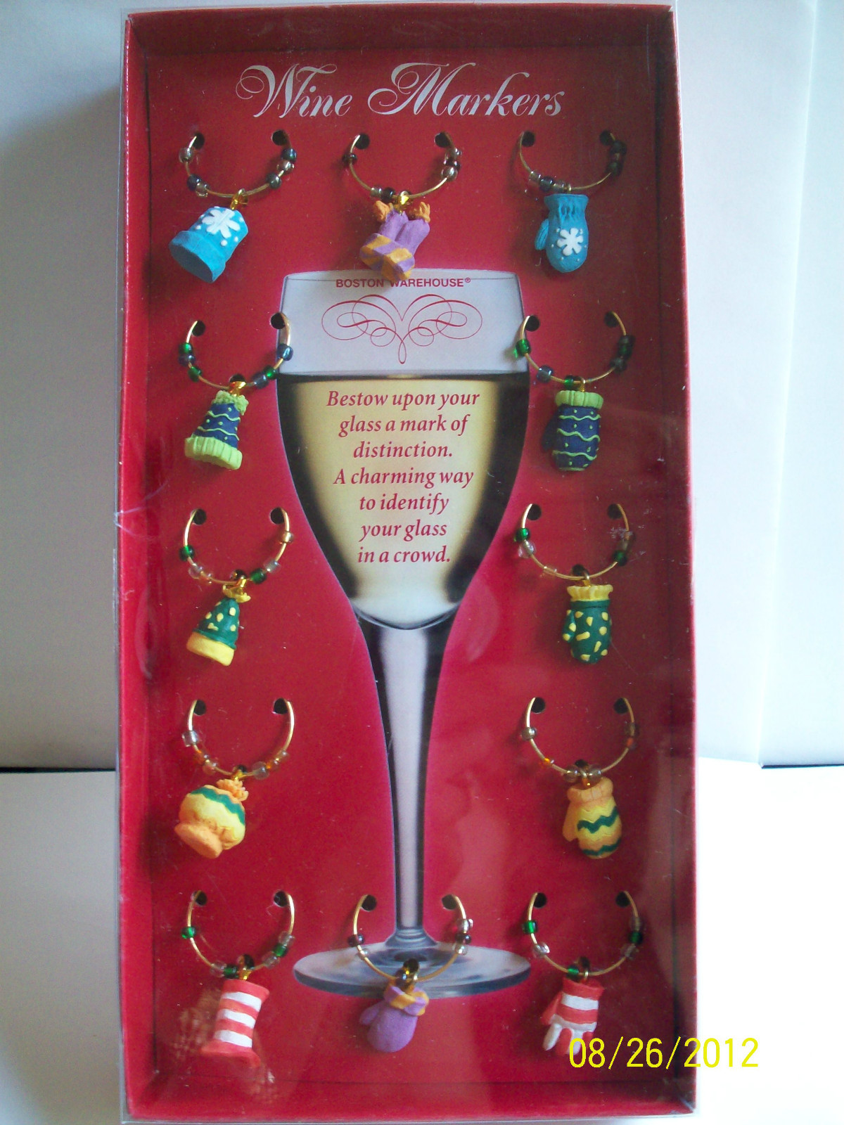 BOSTON WAREHOUSE Wine Markers - Winter/Xmas Themed - Mittens & Hats- NEW in Box!