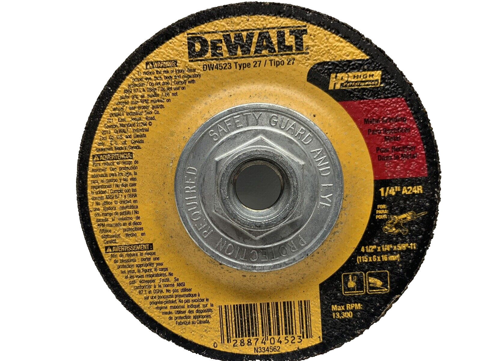 DeWalt DW4523 4-1/2" x 1/4" x 5/8"-11 General Purpose Metal Grinding Wheel