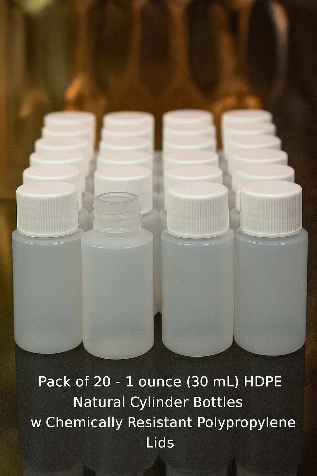 Plastic Bottle (HDPE) w/White Lid, 1-oz. 20-Pack, New