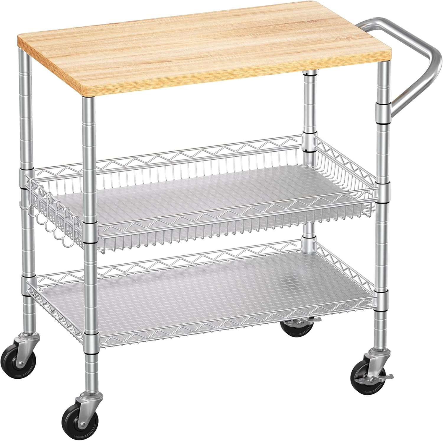 3 Tier Rolling Kitchen Carts with Wheels, Heavy Duty Rolling Utility Cart with W