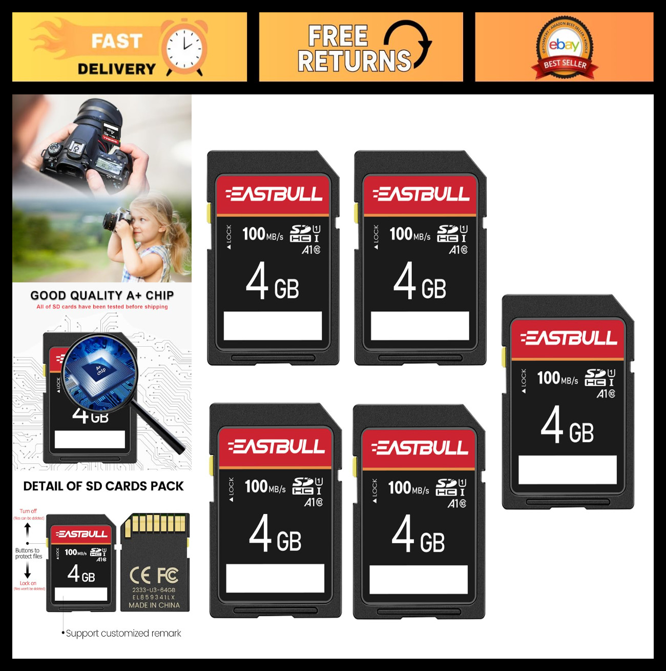 5-Pack 4GB Class 10 SD Cards U1 V30 High-Speed 100MB/s for Camera & Video, Mini