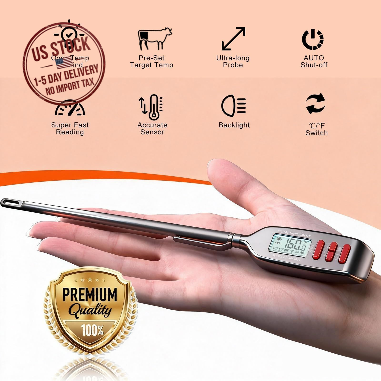 Instant Read Food Thermometer Long Probe for Cooking Grilling Baking BBQ Kitchen