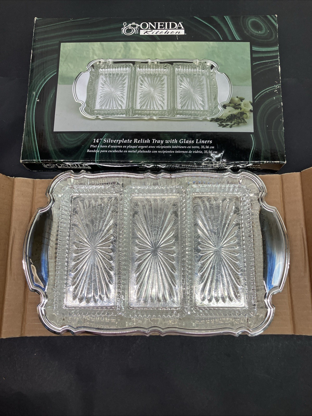 Vintage Oneida 14" Relish Tray Glass Liners Silver Plated Platter Original Box