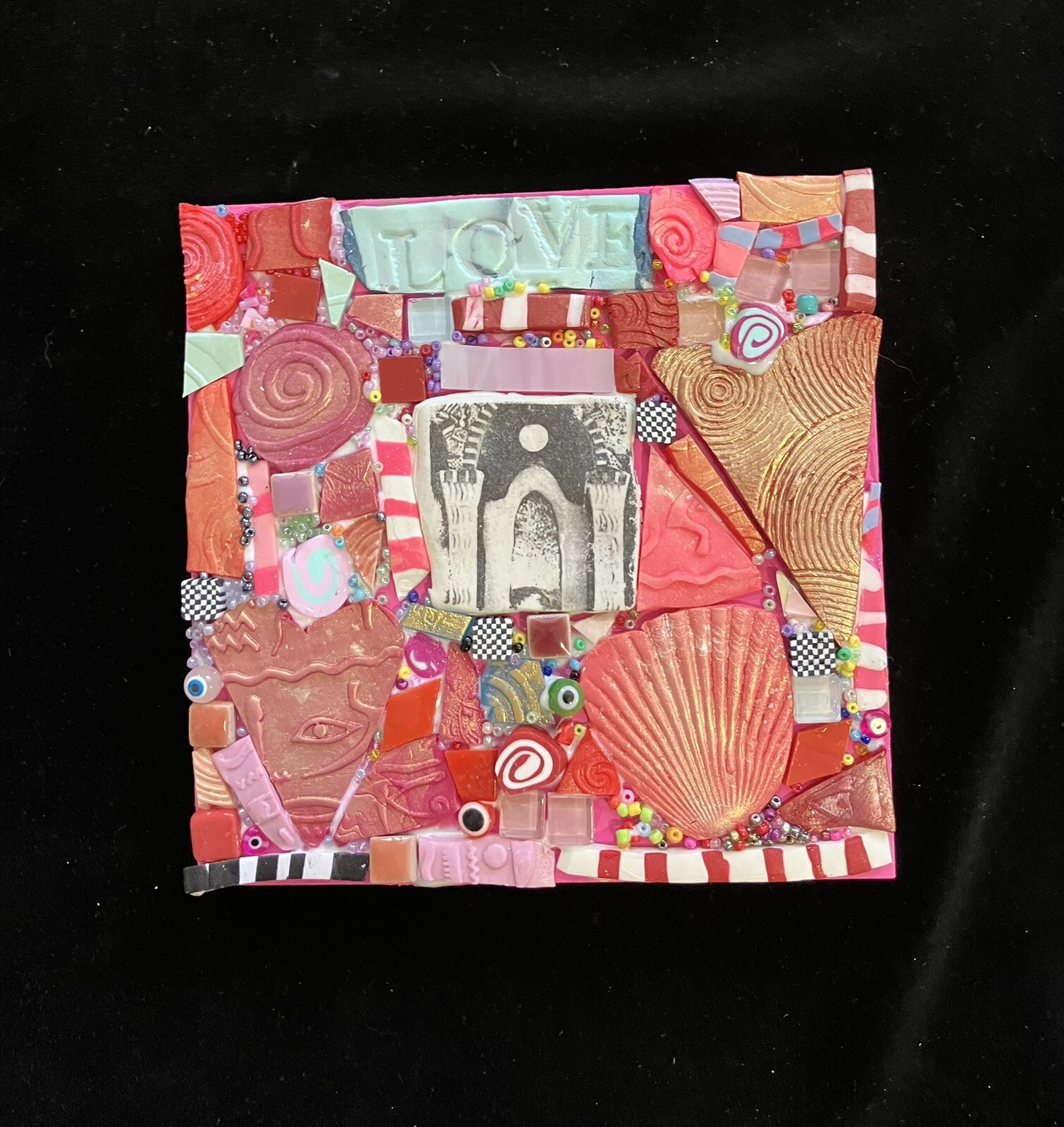 Handmade Mosaic Art “ Follow Your Bliss”Polymer Clay Original On Wood 6”x6”