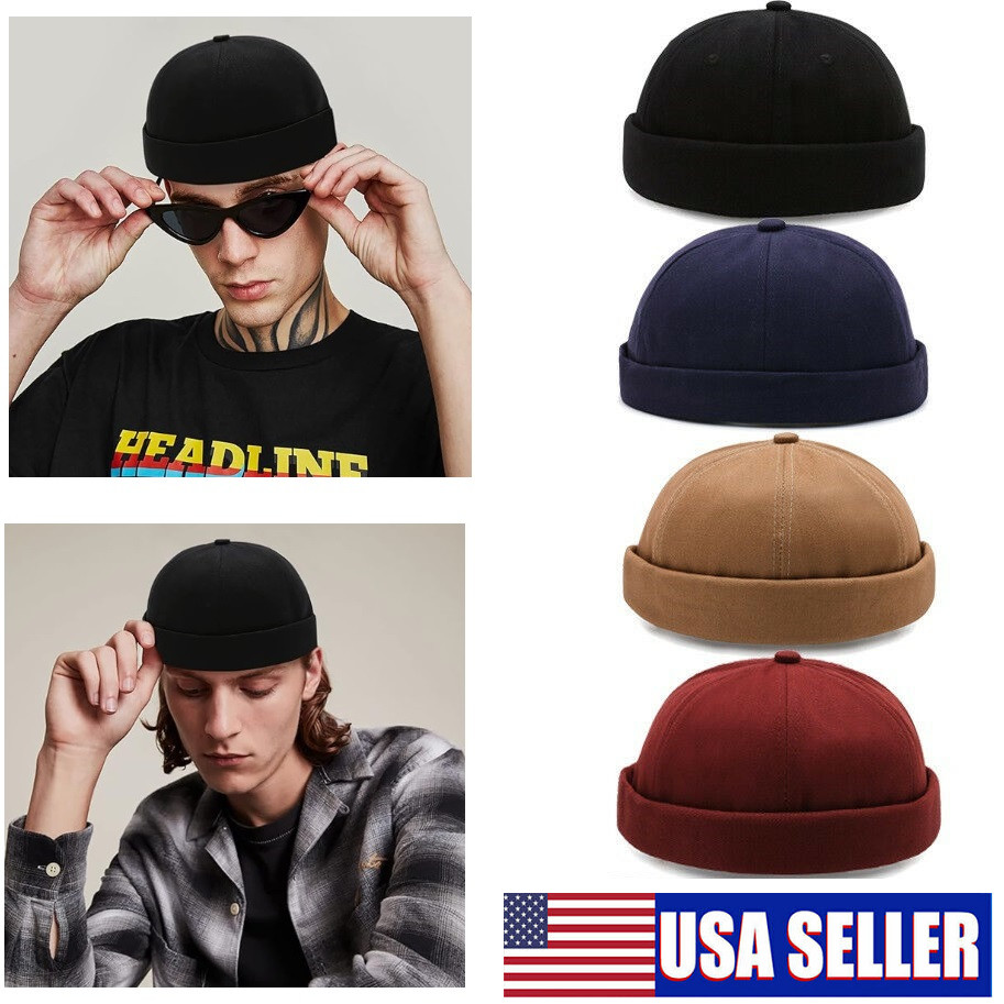 Men Skullcap Sailor Cap Landlord Hat Beanie Rolled Cuff Retro Brimless Hat USA