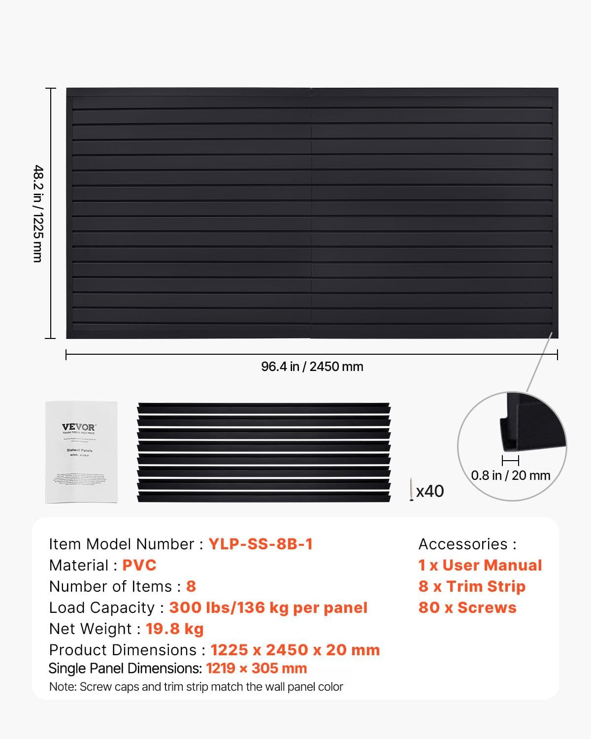 Black PVC Slat Wall Panel 8x4 Ft - Easy Install Adjustable Storage Solution
