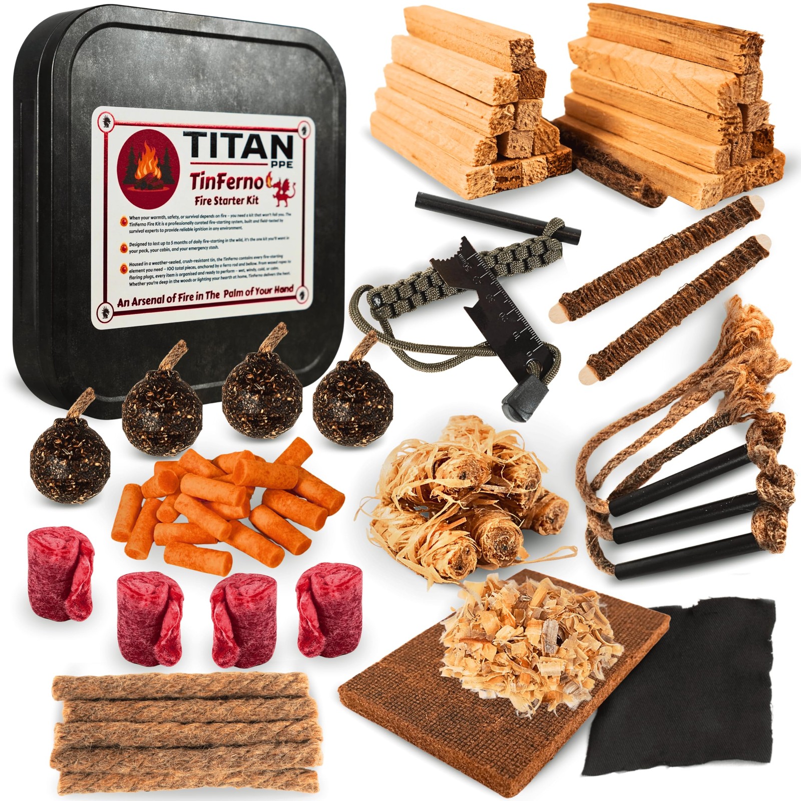 TinFerno Fire Starting Kit – 100pc Fire Starter for Campfires, Ferro Rod, Mag...