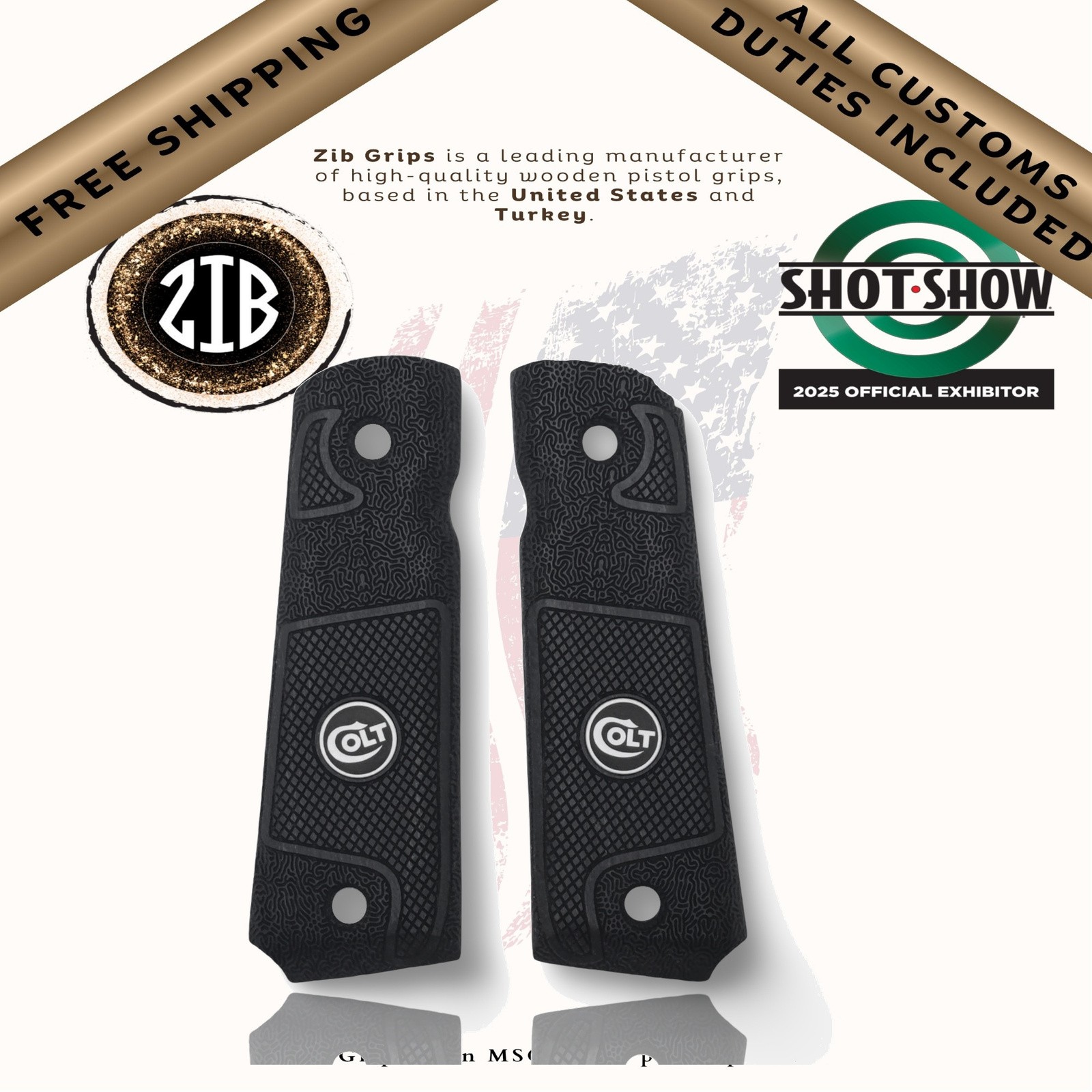 Zib Grips Wooden Series Pistol Grips for Colt 1911, Metal Medallion Logo