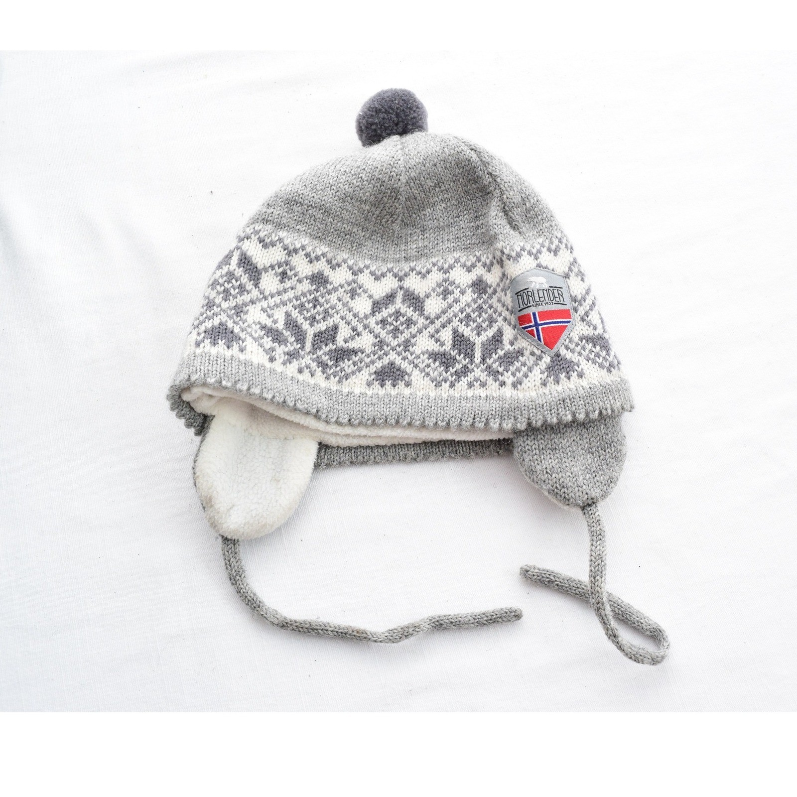Norlender Kids Nordic Knit Winter Hat Ear Flaps PomPom Gray White