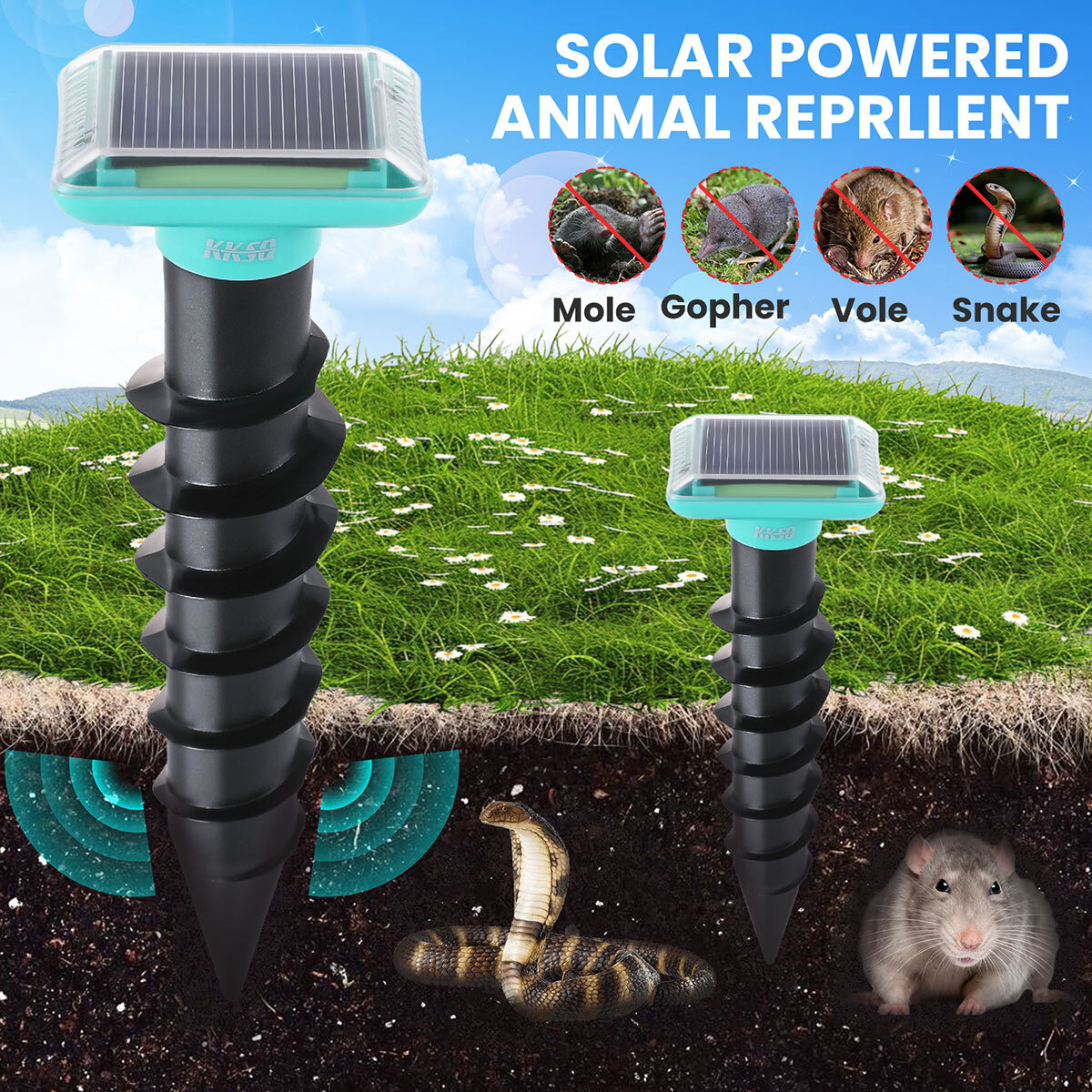 Mole Repellent 2PCS Ultrasonic Solar Powered Animal Repellent for Outdoor Lawn