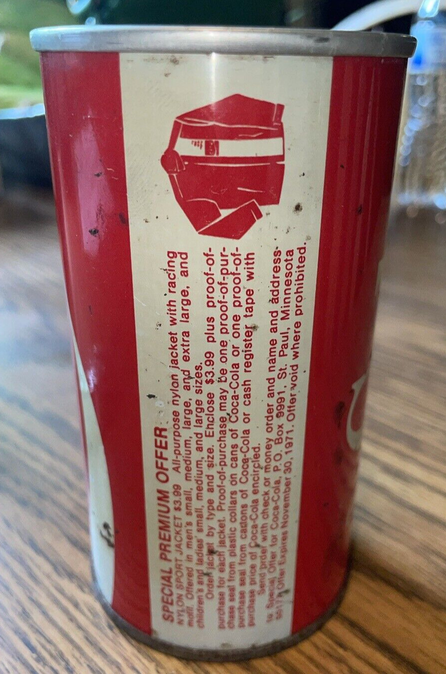 Vintage Coca-Cola PREMIUM JACKET OFFER can Metallic Straight Steel Top  Pop Can