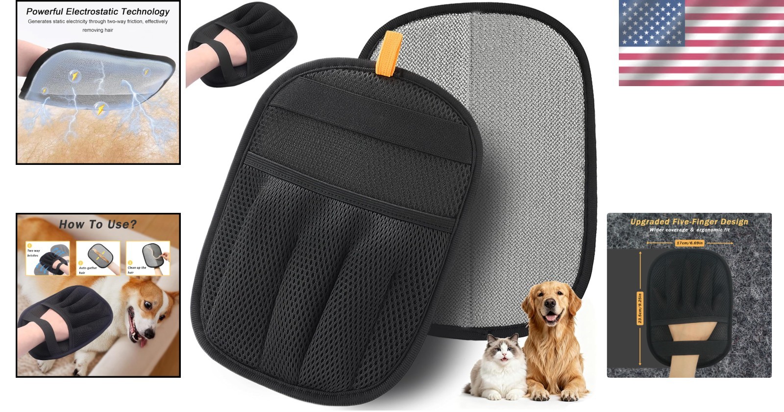 Five-Finger Electrostatic Pet Hair Remover Glove for Effortless Cleanups - Black